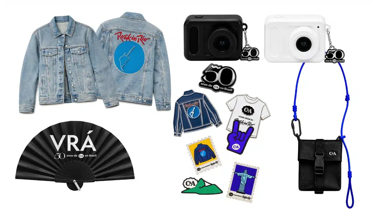 Jaqueta, minicâmera, bolsa, leque, pin (C&A)