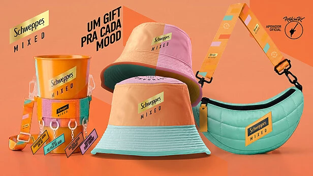 Porta-copo, bucket hat, bolsa (Schweppes)