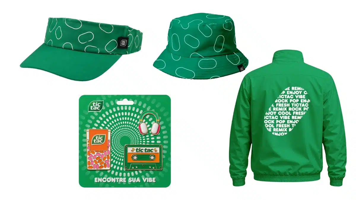 Viseira, bucket hat, pin, corta-vento (Tic Tac)